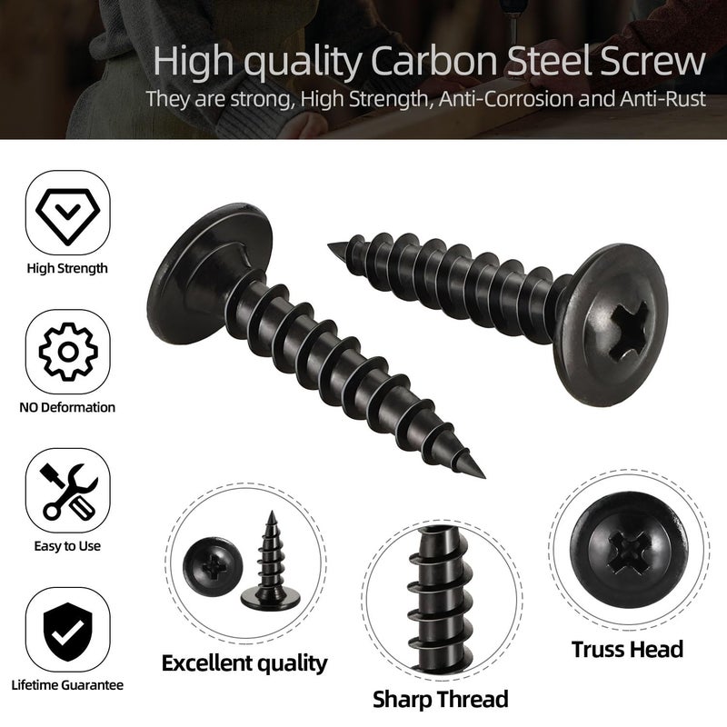 kvohlum #10 x 5/8"" (150 PCS) Modified Truss Head Wood Screws, Phillips Drive Quick Metal Self Tapping Screws, Carbon Steel, Black Coating, Full Thread, Screwdriver Bit Included - Image 3